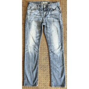 BKE Asher Jeans Mens 33L Med Wash Denim Straight Leg Whiskered Grunge Faded